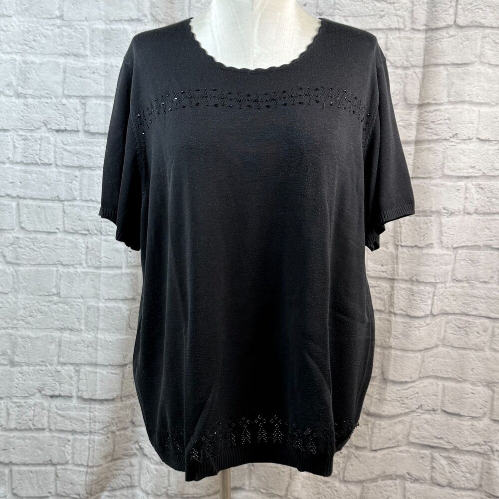 Maggie Barnes Knitted Women's 4XL Short Sleeve Blouse Casual Beaded Sequin Black